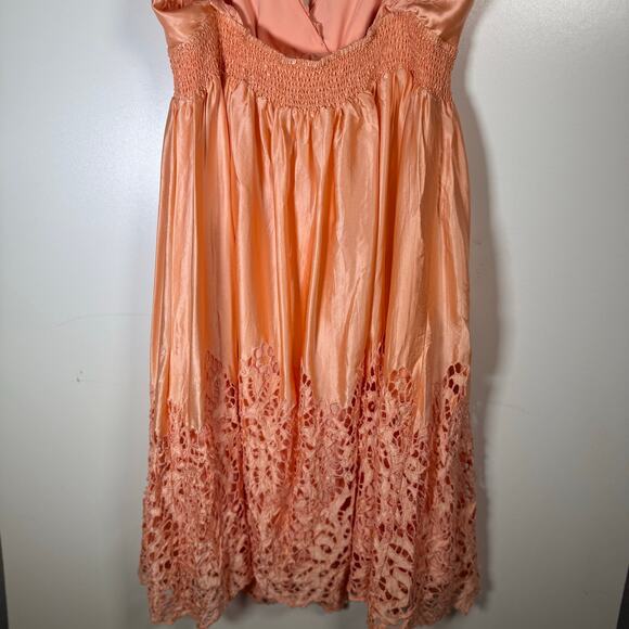 BCBG Silk Lace Eyelet Babydoll Dress Large Peach Spaghetti Strap y2k Party - Picture 9 of 15
